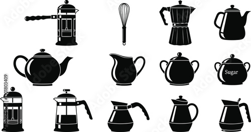 Kitchenware collection with coffee maker teapot french press and milk jug silhouettes isolated on white background for cafe and restaurant menu