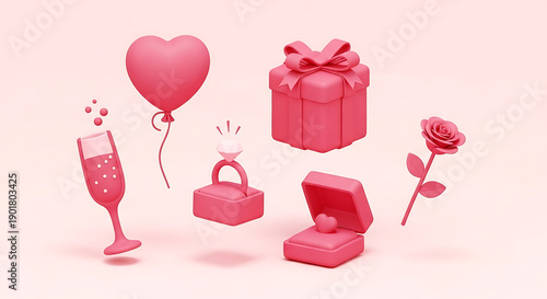 Set of Pink 3D Valentine's Day Icons Featuring Heart Balloon, Champagne Glass, Engagement Ring, and Gift Box