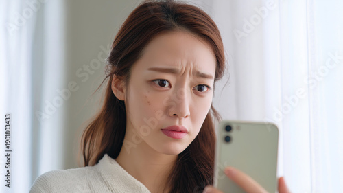 Free Download A Korean woman is focused on her phone, capturing a heartfelt selfie video in a bright room Generative AI - GFXLoad