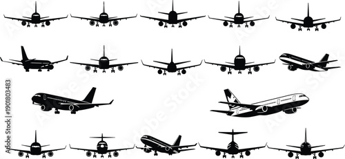 Vector, black, silhouette, illustration, set, of, various, commercial, airplanes, and, passenger, jets, in, front, and, side, view, for, aviation, travel, flight, and, aerospace, design