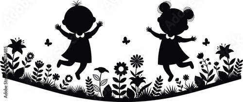 Two happy toddler girls jumping and playing in a blooming flower garden silhouette isolated on white background for spring season design