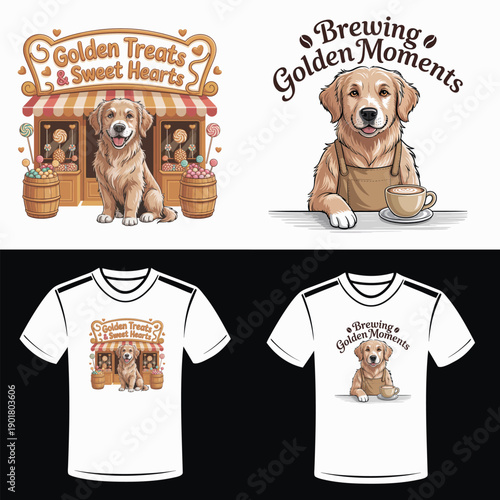 Golden Retriever dog in candy shop and coffee shop designs Keywords: golden retriever, dog
