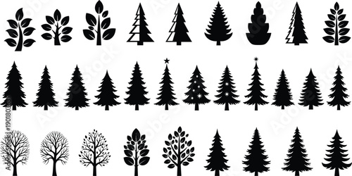 Vector, black, silhouette, illustration, set, of, various, deciduous, and, coniferous, pine, trees, and, leaves, for, nature, forest, landscape, environment, and, botanical, garden, design