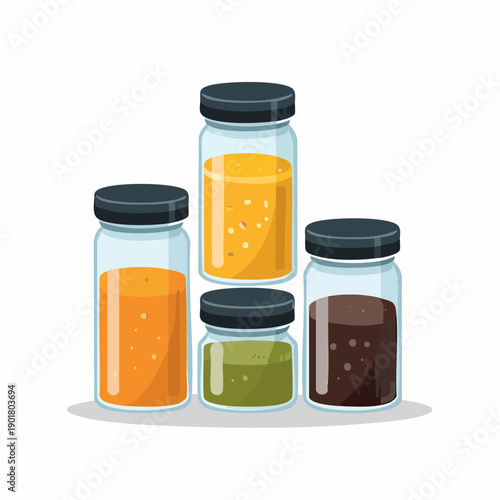 Four glass jars filled with colored powders, possibly spices or cosmetics, arranged in a staggered formation on a plain surface, viewed from a slight elevation.
