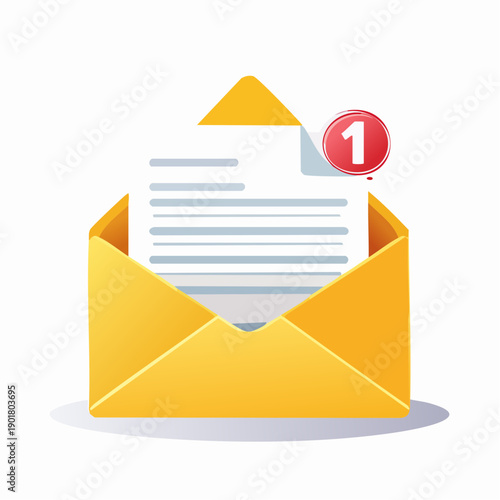 Notification icon of an open yellow envelope with a document inside and a red notification bubble indicating one new message
