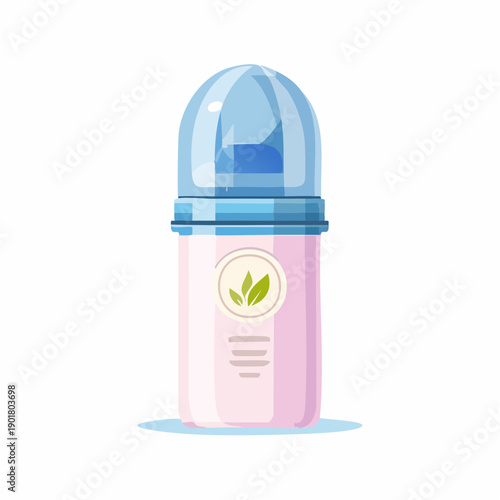 Illustration of a deodorant bottle with a leaf logo on the label, packaged with a blue cap, viewed from the front
