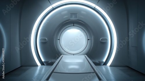 Modern MRI scanner viewed from front glowing interior ring illuminated softly with volumetric depth Surroundings spotless composition centered