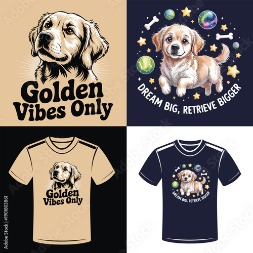 Golden Retriever dog with sunburst and puppy in space designs Keywords: golden retriever, dog