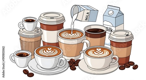 Wallpaper Mural AI-Generated Coffee and Milk Vector Set with Latte Art, Takeaway Cups, Coffee Beans, Flat Cartoon Style, Isolated on White Background Torontodigital.ca