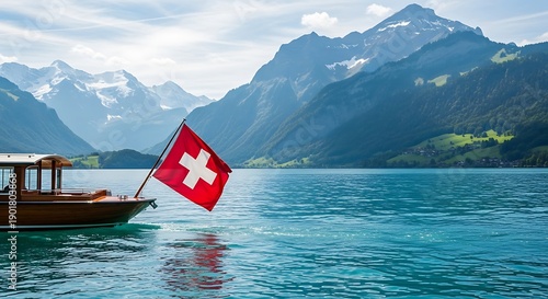 Swiss flag on boat with lake and mountain backdrop, Switzerland.