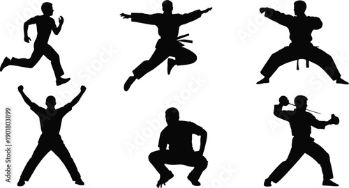 Vector, black, silhouette, illustration, set, of, various, martial, arts, fighters, in, different, poses, including, karate, jumping, kicking, punching, and, athletic, training, for, sport, and, 