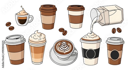 Wallpaper Mural AI-Generated Coffee and Milk Vector Set with Latte Art, Takeaway Cups, Coffee Beans, Flat Cartoon Style, Isolated on White Background Torontodigital.ca