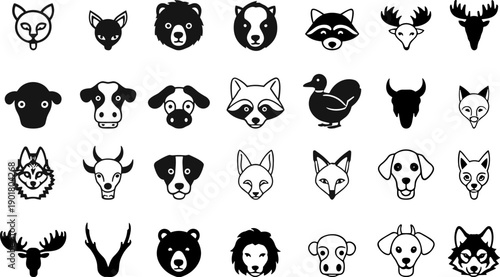 Set Of Minimalist Black And White Animal Face Icons Featuring Wildlife Mammals Farm Animals And Forest Creatures For Logo Design And Branding
