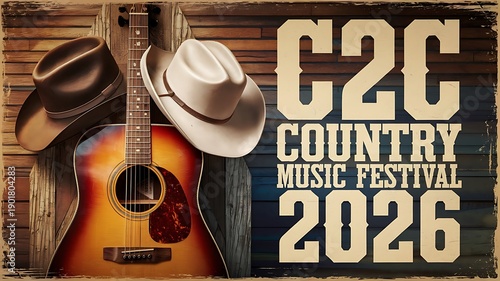 C2c country music festival 2026 promotional poster featuring a guitar and cowboy hats