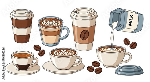 Wallpaper Mural AI-Generated Coffee and Milk Vector Set with Latte Art, Takeaway Cups, Coffee Beans, Flat Cartoon Style, Isolated on White Background Torontodigital.ca