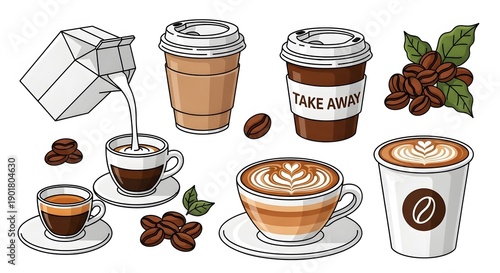 Wallpaper Mural AI-Generated Coffee and Milk Vector Set with Latte Art, Takeaway Cups, Coffee Beans, Flat Cartoon Style, Isolated on White Background Torontodigital.ca