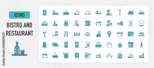 Bistro and restaurant icon vector. Menu, Sink, Closed, Coffee, Tray, Serving Dish, Waiter, Spatula, Chicken, Dish, Tissue Box, Drink, Apron, Bill, Bistro, Buffet, Cashier, Champagne illustration.
