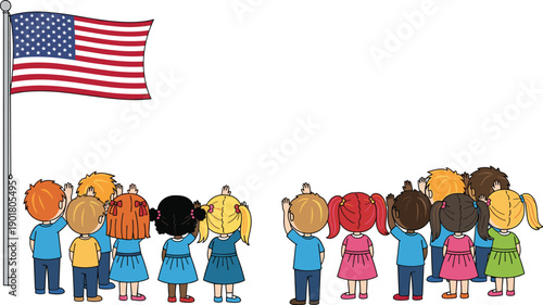 Children pledge allegiance to American flag, patriotic school ceremony, diverse kids standing united, national pride, education, freedom, unity