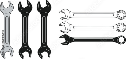 Digital illustration of open-end and combination wrenches, mechanical tools set, engineering equipment, industrial hardware, repair instruments, isolated