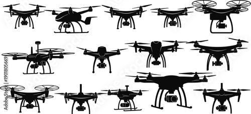 Drone silhouettes collection, quadcopter designs, aerial photography equipment, unmanned aircraft icons, modern UAV technology illustration set, isolated vector