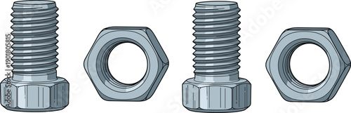Industrial bolts and hex nuts illustration, mechanical engineering hardware drawing, technical design schematic, manufacturing components, blue outline vector art