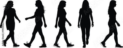 Silhouette sequence of walking person, human gait cycle illustration, biomechanics motion study, fitness exercise concept, sportswear lifestyle designSilhouette sequence of walking person 