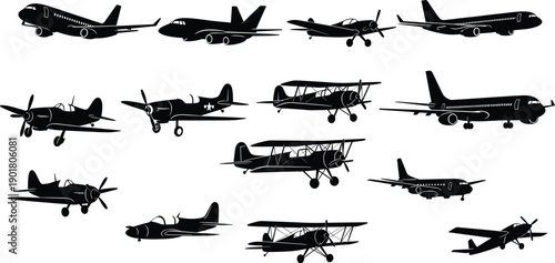 Silhouettes of airplanes, commercial jets, military aircraft, propeller planes, biplanes, aviation evolution, aircraft design, aviation technology, history