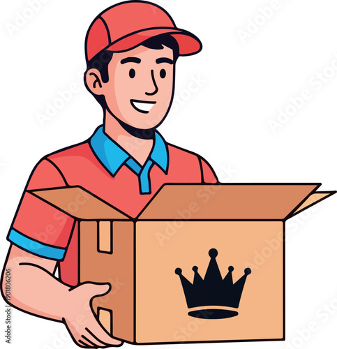 Delivery Man Carrying Crown Box isolated on transparent background