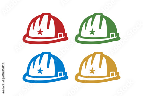Four colorful hard hats with star emblems, representing safety and construction work.