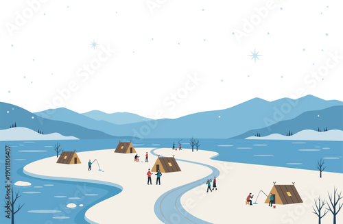 冬の凍った湖で氷上わかさぎ釣りを楽しむ人々のフラットな背景透過イラスト