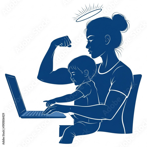 A strong mother multitasking with her child on her lap while working on a laptop