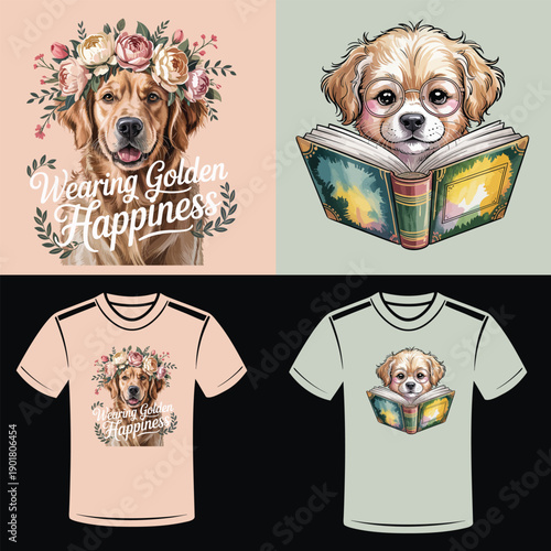 Golden Retriever wearing flower crown and puppy reading a book designs Keywords: golden