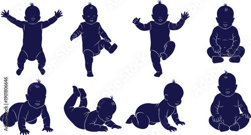 Vector, dark, blue, silhouette, illustration, set, of, various, infants, and, babies, crawling, sitting, and, playing, for, parenting, childhood, growth, and, pediatric, healthcare, design