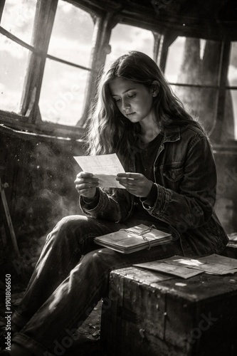Young woman reading handwritten letters in an abandoned room