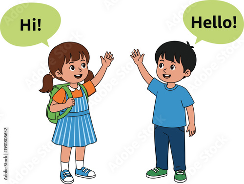 Vector, cartoon, illustration, of, a, schoolboy, and, schoolgirl, waving, hello, with, speech, bubbles, for, education, friendship, greeting, communication, and, back, to, school, design