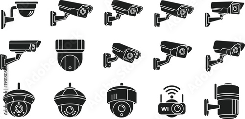 Set of fifteen black security camera icons including dome bullet and wireless surveillance equipment silhouettes isolated on white background vector illustration collection