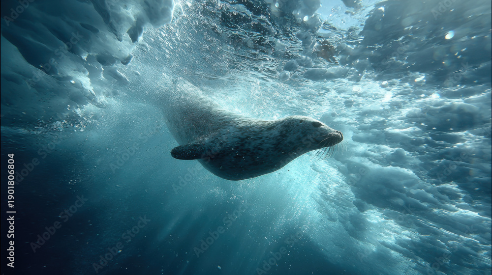 Fototapeta premium Weddell Seal Diving Beneath Antarctic Fast Ice