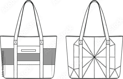 Vector, line, art, technical, drawing, of, a, tote, bag, with, shoulder, straps, and, geometric, panel, design, for, fashion, accessory, manufacturing, and, retail, specification, mockup