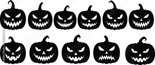 Collection of Halloween Jack O Lantern Pumpkin Silhouette Icons Vector Illustration Isolated on White Background Spooky Face Carvings for Seasonal Holiday Party Graphic Design
