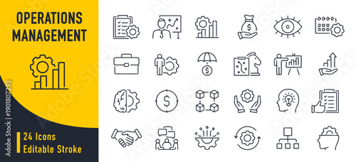 Operations management linear icons for business processes, strategy, workflow, and team collaboration