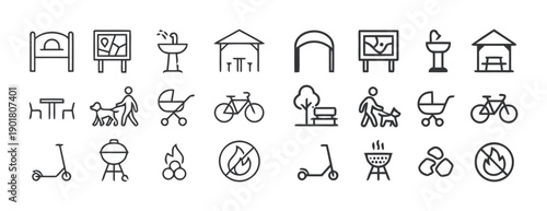 Park and outdoor recreation icon set featuring picnic areas walking trails bike paths and public facilities for urban landscape planning in minimalist outline style vector illustrations for map design