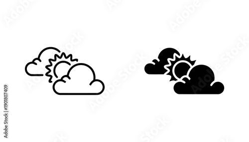 Partly cloudy weather icons line art and solid filled showing sun behind clouds indicating partly sunny or cloudy conditions