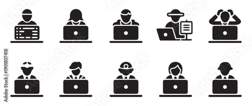 People working on laptops icons showing diverse individuals in different professions using computers for various tasks