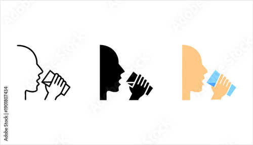 Person drinking water from glass icon, set of three styles line art, solid black and color, representing hydration, refreshment, health and lifestyle, concept for healthy habits and thirst quenching