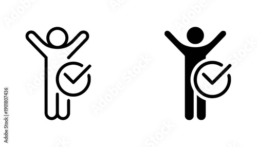 person icon with checkmark outline and filled version for success, happy person symbol with confirmation check, graphic icon for achievement and completion, human figure with approved status