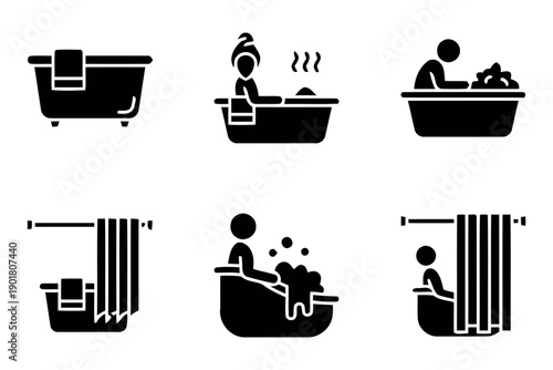 people taking bath stick figures in bathtub with steam bubbles and towel for relaxation and hygiene