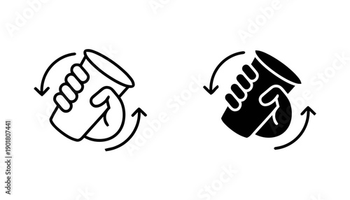 Person rotating cup icons line art and solid filled showing hand holding mug with circular arrows indicating stirring or mixing action