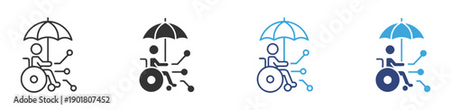Person in wheelchair with umbrella and digital connections symbolizes assisted technology and protective digital solutions for accessibility and independent living