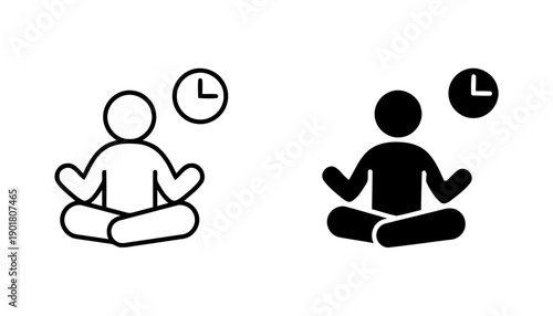Person meditating in lotus pose near clock icons outline and solid style vector illustration