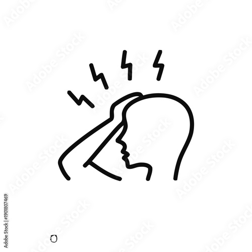 Person with headache icon, line art showing head pain, migraine, and stress, symbol for discomfort and illness, neurological problem